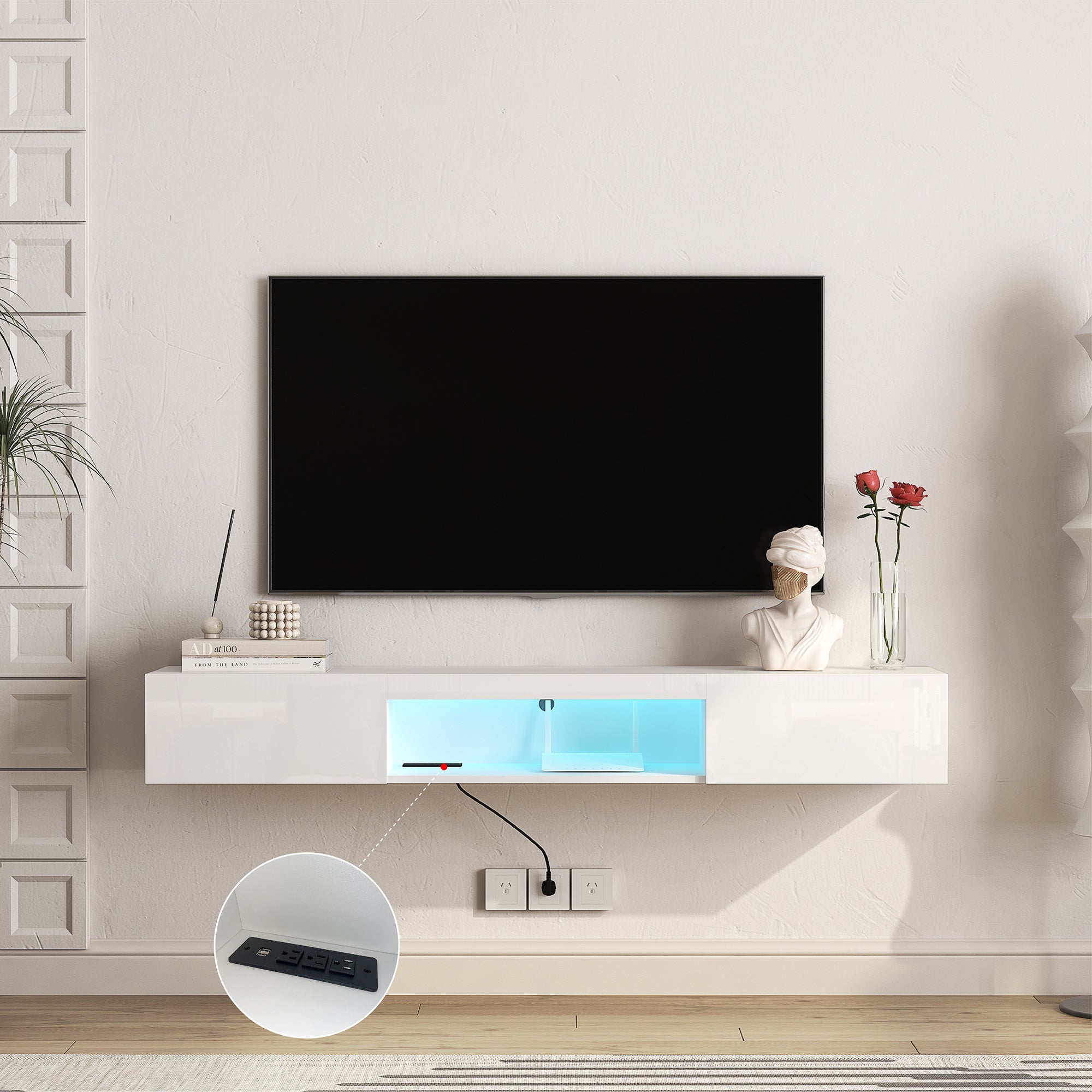 LumiWall™ – Floating TV Wall Shelf with 16-Color LED Lights for 55–65"