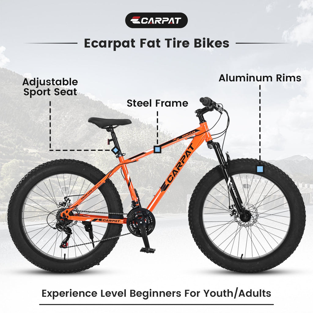 Carpat™ S26109 – 26" Fat Tire MTB (Orange, 21-Speed, Full Suspension)