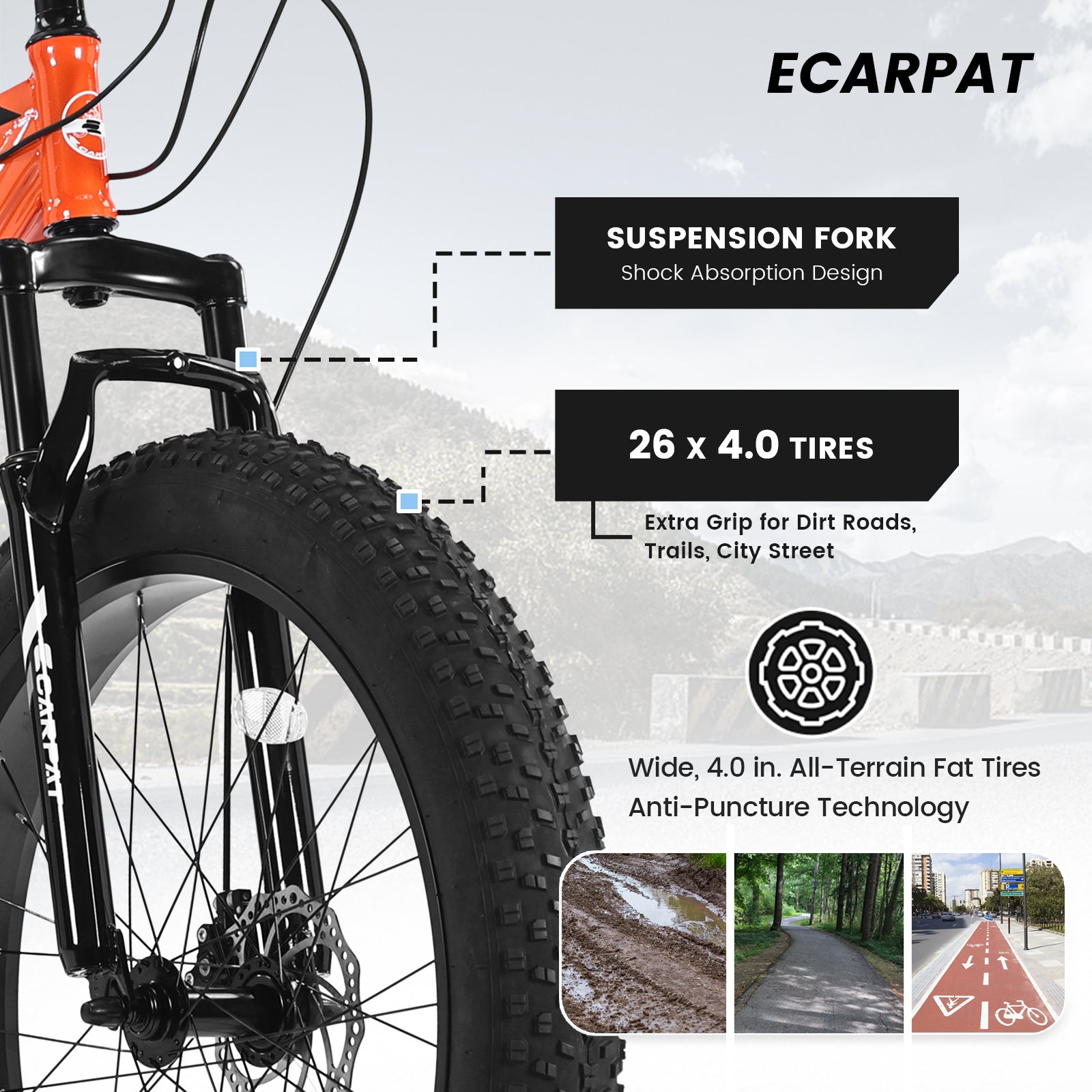 Carpat™ S26109 – 26" Fat Tire MTB (Orange, 21-Speed, Full Suspension)