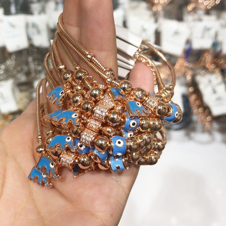 Evil Eye Charm Bracelet, Pandora Charm Bracelet, Elephant Bracelet,