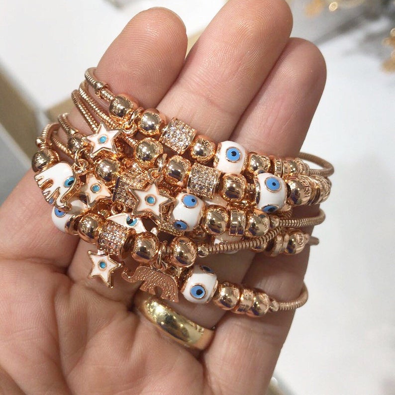 Evil Eye Charm Bracelet, Pandora Charm Bracelet, Elephant Bracelet,