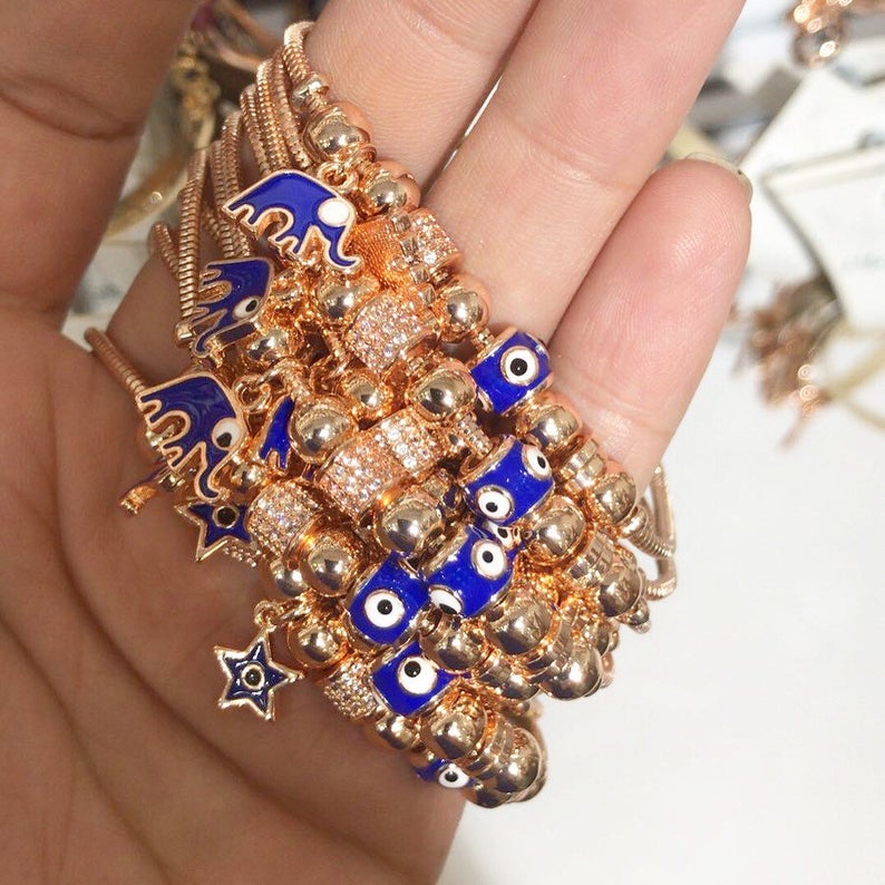 Evil Eye Charm Bracelet, Pandora Charm Bracelet, Elephant Bracelet,
